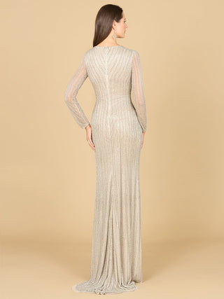 Classic V-Neck Beaded Long Sleeve Gown - Glamourous Grace