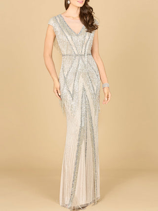 Beaded Fringe V-Neckline Dress with Cap Sleeves | Lara 28858 - Glamourous Grace