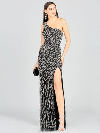 One-Shoulder Beaded Gown with High Slit - Glamourous Grace