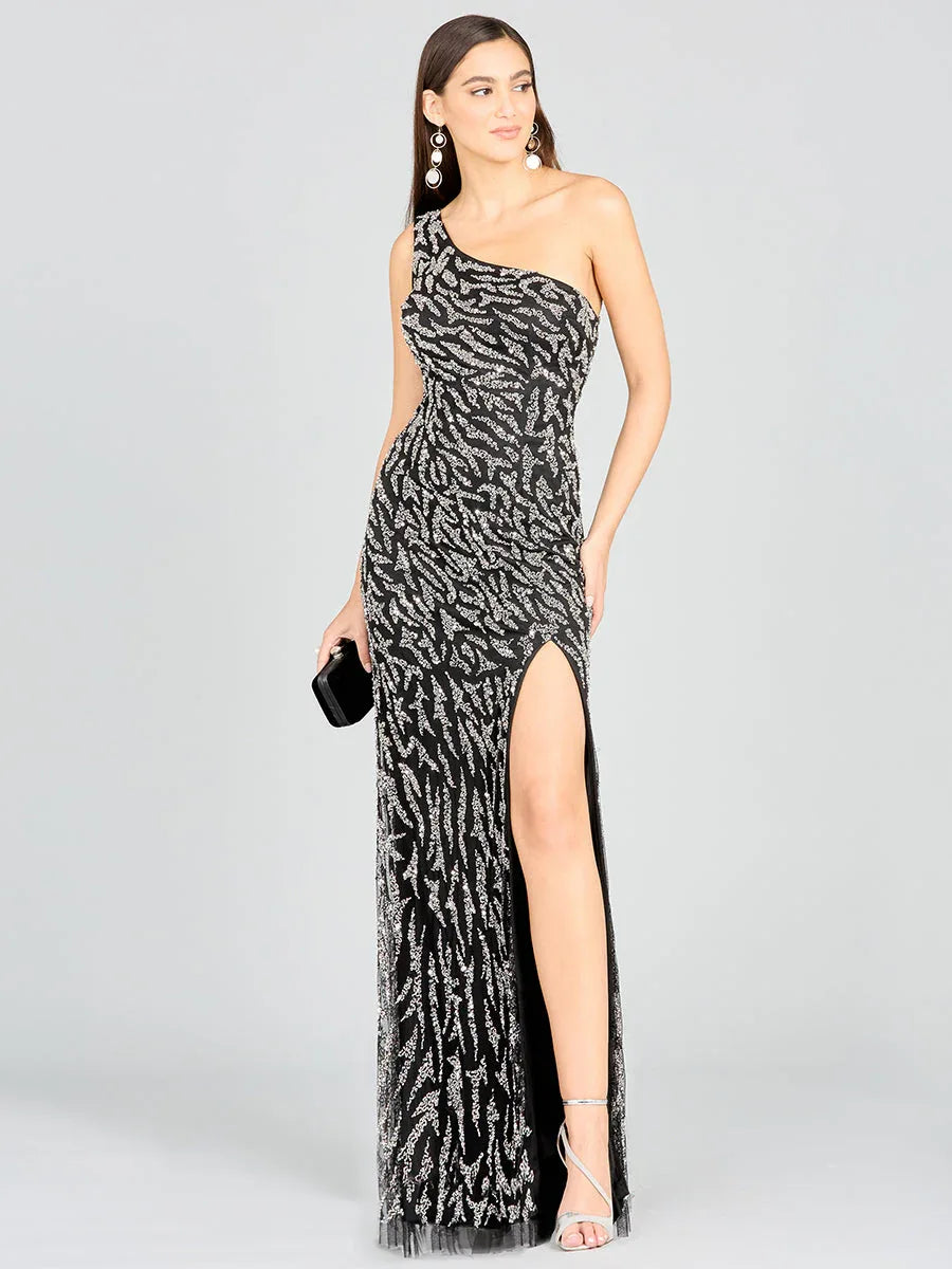 One-Shoulder Beaded Gown with High Slit - Glamourous Grace