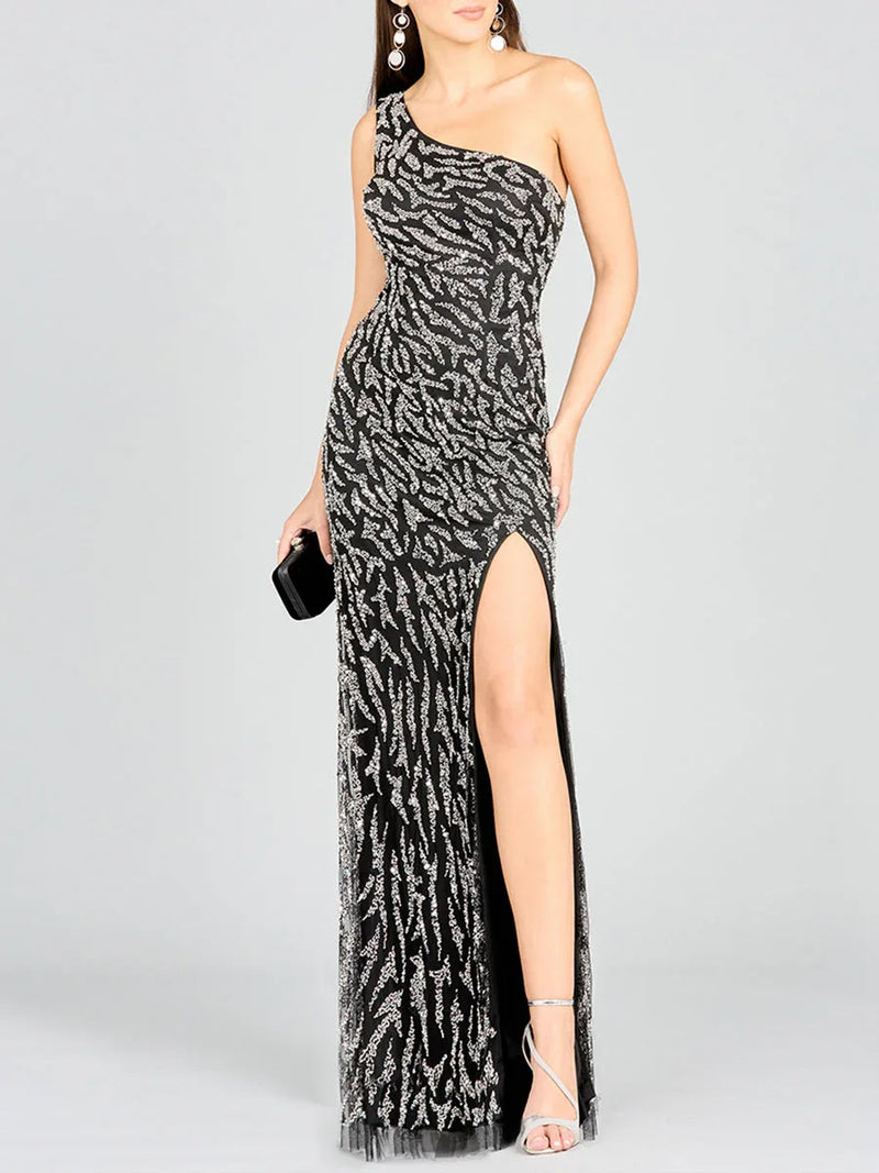 One-Shoulder Beaded Gown with High Slit - Glamourous Grace