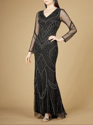 Long Sleeve Beaded Dresses with Sheer Sleeves - OUTLET - Glamourous Grace