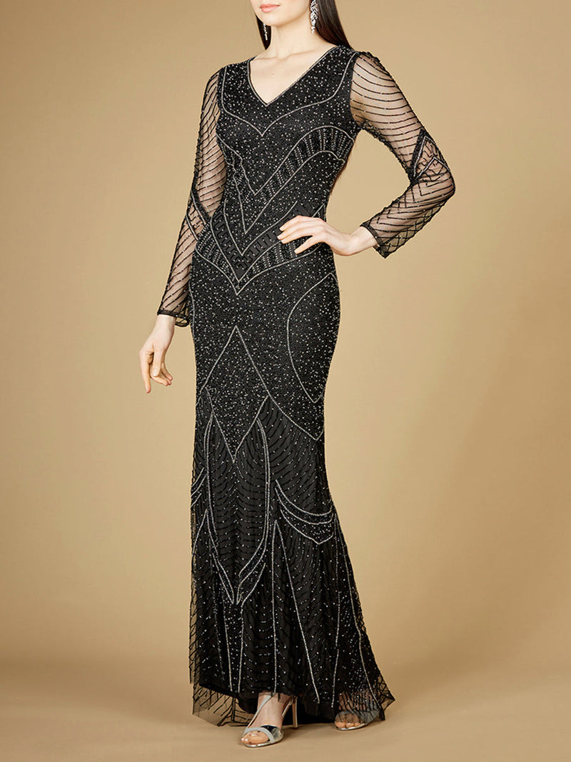 Long Sleeve Beaded Dresses with Sheer Sleeves - OUTLET - Glamourous Grace