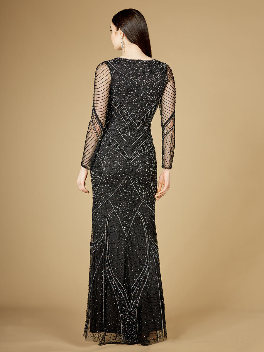 Long Sleeve Beaded Dresses with Sheer Sleeves - OUTLET - Glamourous Grace