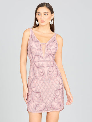 Deep V-Neck Beaded Mini Dress with Low Back - Glamourous Grace