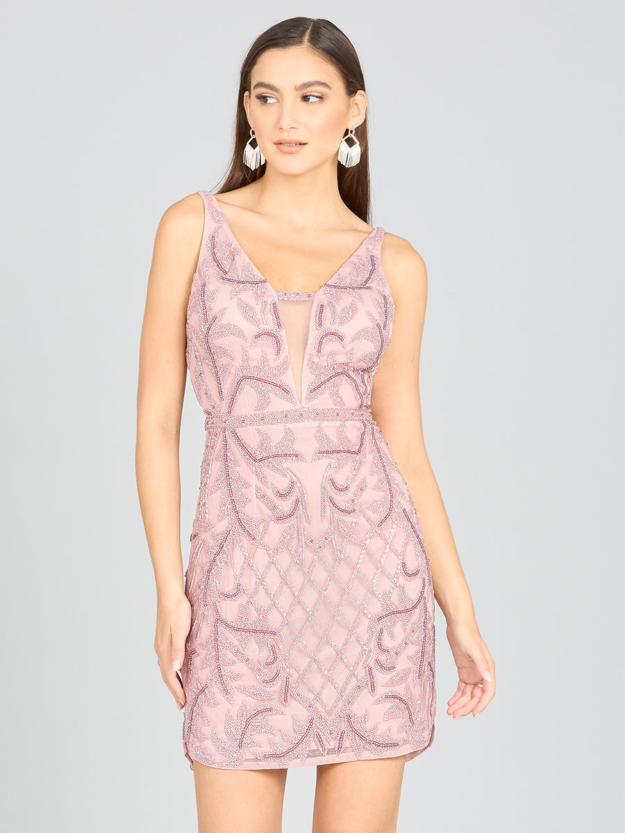 Deep V-Neck Beaded Mini Dress with Low Back - Glamourous Grace