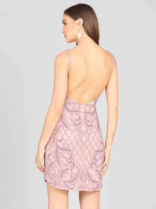 Deep V-Neck Beaded Mini Dress with Low Back - Glamourous Grace