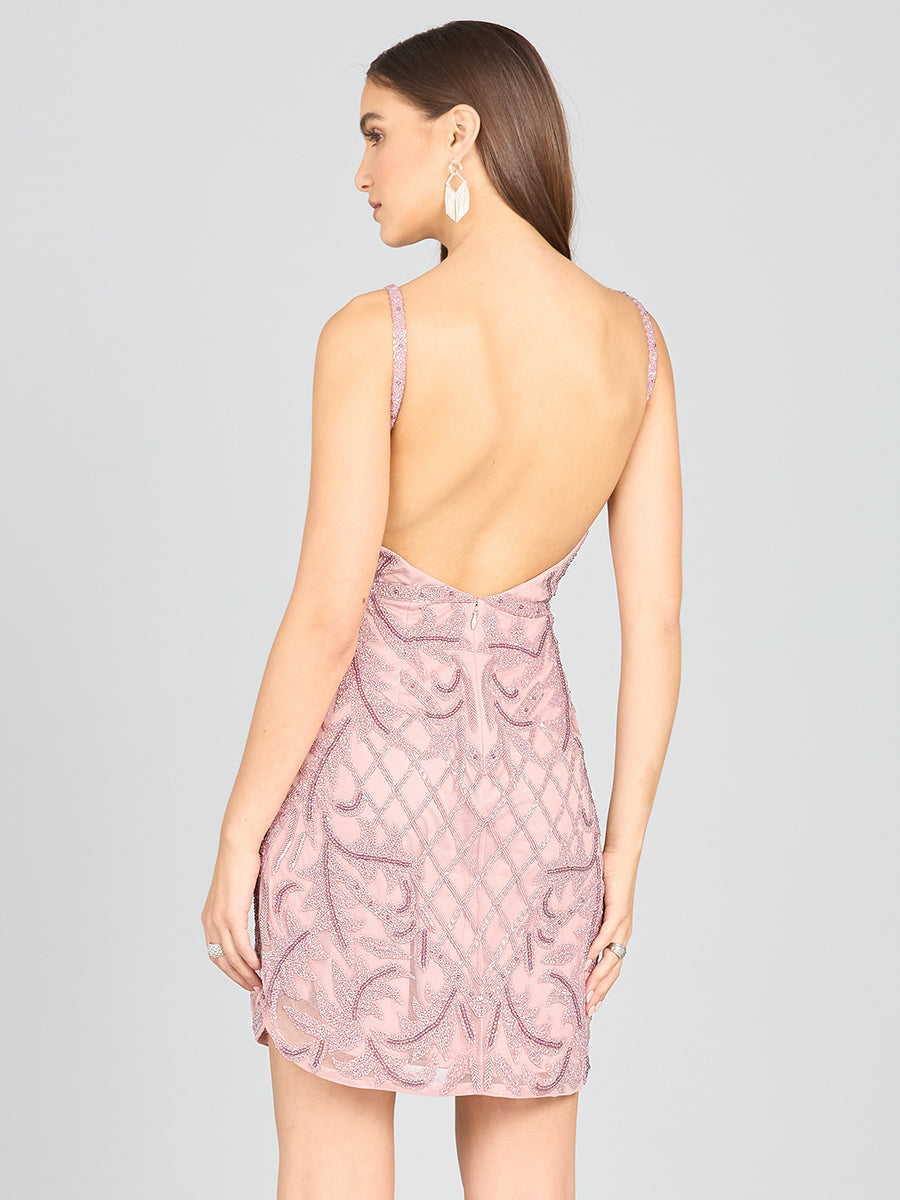 Deep V-Neck Beaded Mini Dress with Low Back - Glamourous Grace