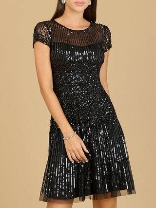 Lara New York cap sleeve sequin short dress, front view showcasing shimmering sequins and fitted silhouette.