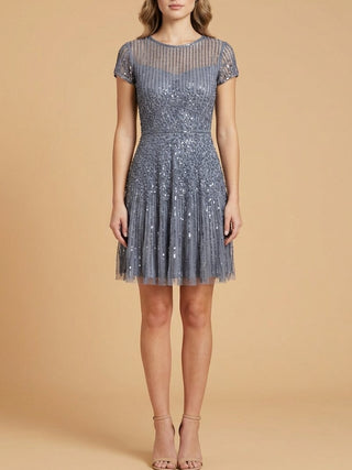 Steel grey cap sleeve sequin short dress by Lara New York, featuring a fitted silhouette and shimmering sequins.