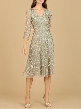 Flowing, 3D Embroidered Midi Dress with Sleeves - Glamourous Grace