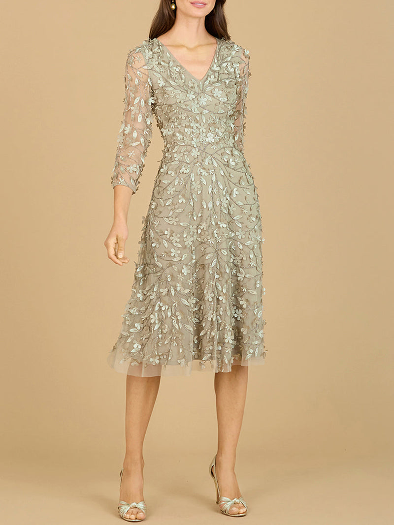 Flowing, 3D Embroidered Midi Dress with Sleeves - Glamourous Grace