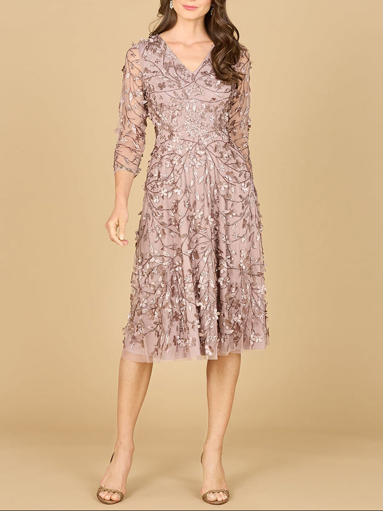 Flowing, 3D Embroidered Midi Dress with Sleeves - Glamourous Grace