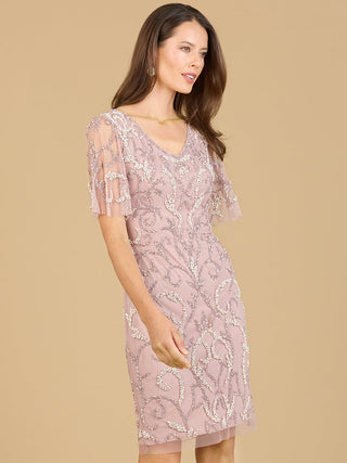 Beaded Short Dress with Cape Sleeves  - OUTLET - Glamourous Grace