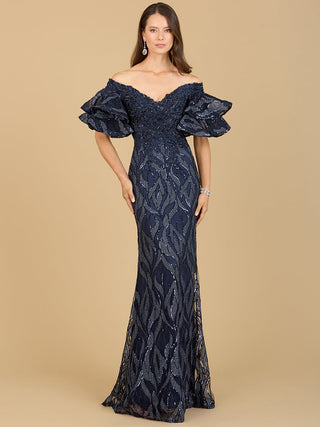 Off Shoulder Mermaid Beaded Gown with Tiered Sleeves - Glamourous Grace
