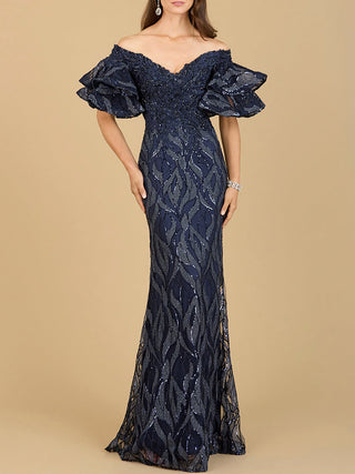 Off Shoulder Mermaid Beaded Gown with Tiered Sleeves - Glamourous Grace