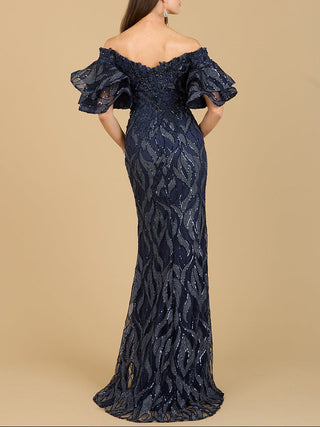 Off Shoulder Mermaid Beaded Gown with Tiered Sleeves - Glamourous Grace