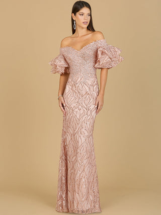 Off Shoulder Mermaid Beaded Gown with Tiered Sleeves - Glamourous Grace