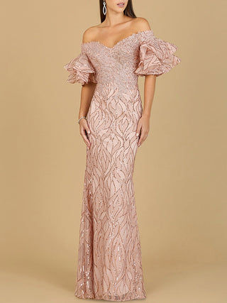 Off Shoulder Mermaid Beaded Gown with Tiered Sleeves - Glamourous Grace