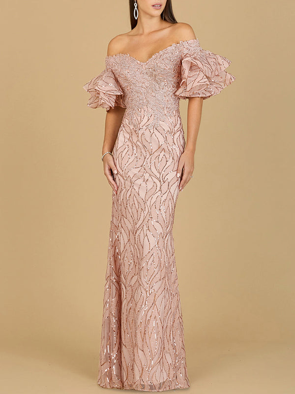 Off Shoulder Mermaid Beaded Gown with Tiered Sleeves - Glamourous Grace