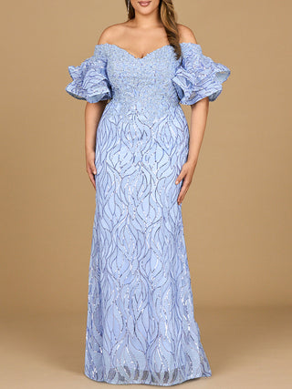 Off Shoulder Mermaid Beaded Gown with Tiered Sleeves - Glamourous Grace