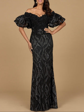 Off Shoulder Mermaid Beaded Gown with Tiered Sleeves - Glamourous Grace
