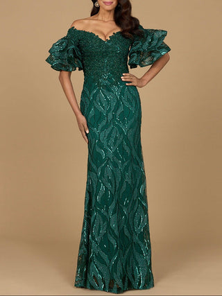 Off Shoulder Mermaid Beaded Gown with Tiered Sleeves - Glamourous Grace