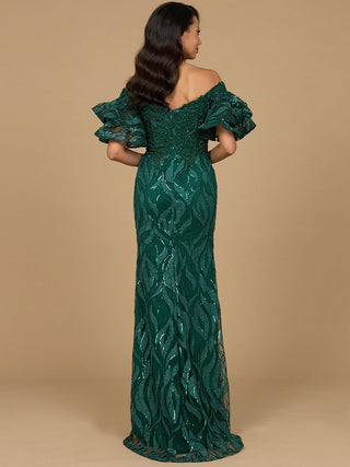 Off Shoulder Mermaid Beaded Gown with Tiered Sleeves - Glamourous Grace