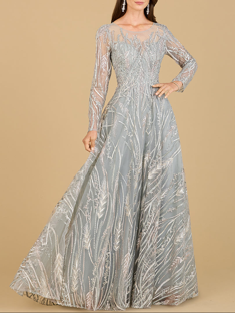 Long Sleeve Illusion Neck Gown - Glamourous Grace
