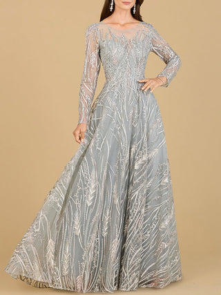 Long Sleeve Illusion Neck Gown - Glamourous Grace