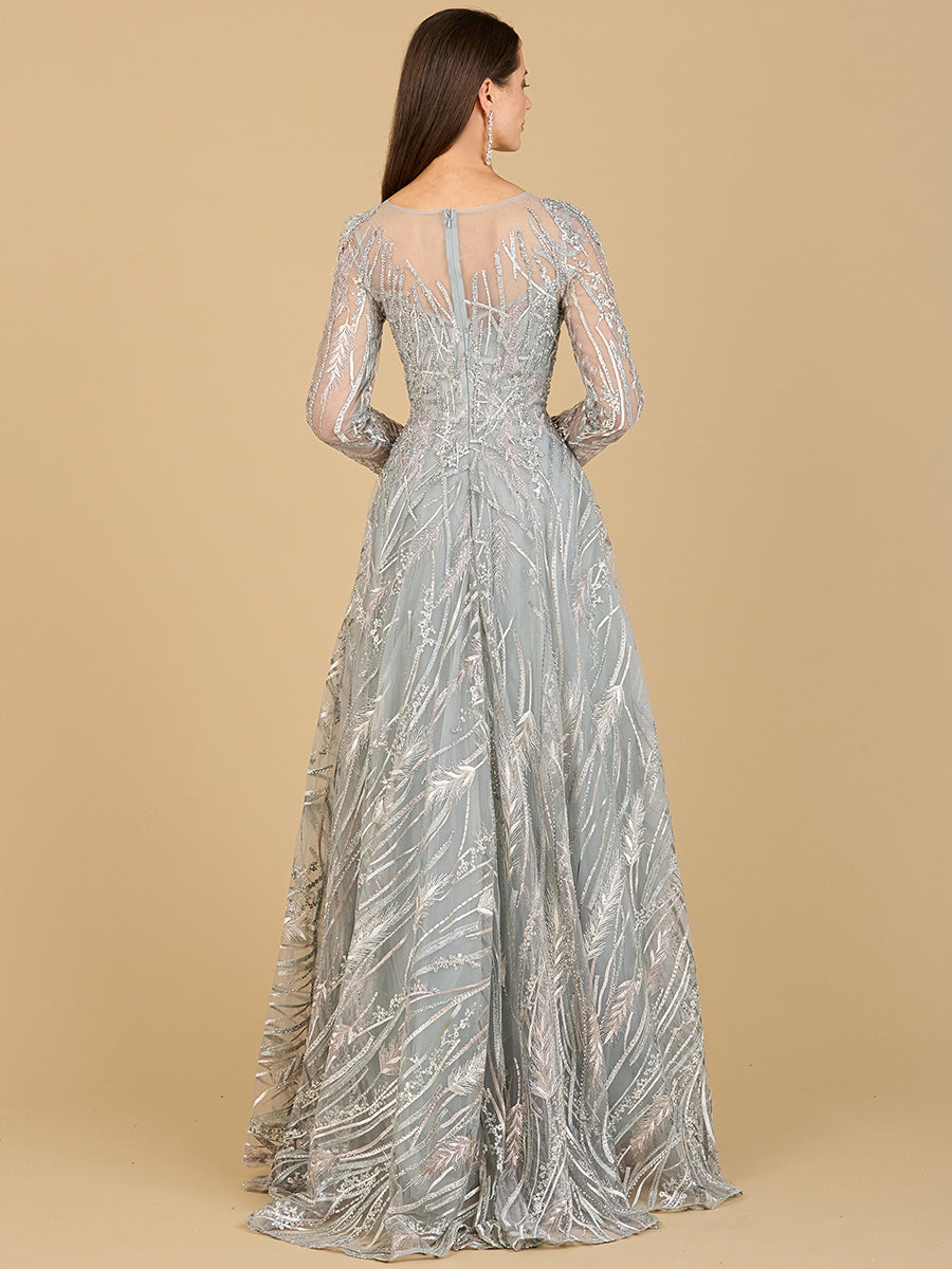 Long Sleeve Illusion Neck Gown - Glamourous Grace