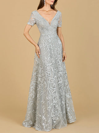 Short Sleeve Lace A-Line Dress with V-Neckline - Glamourous Grace