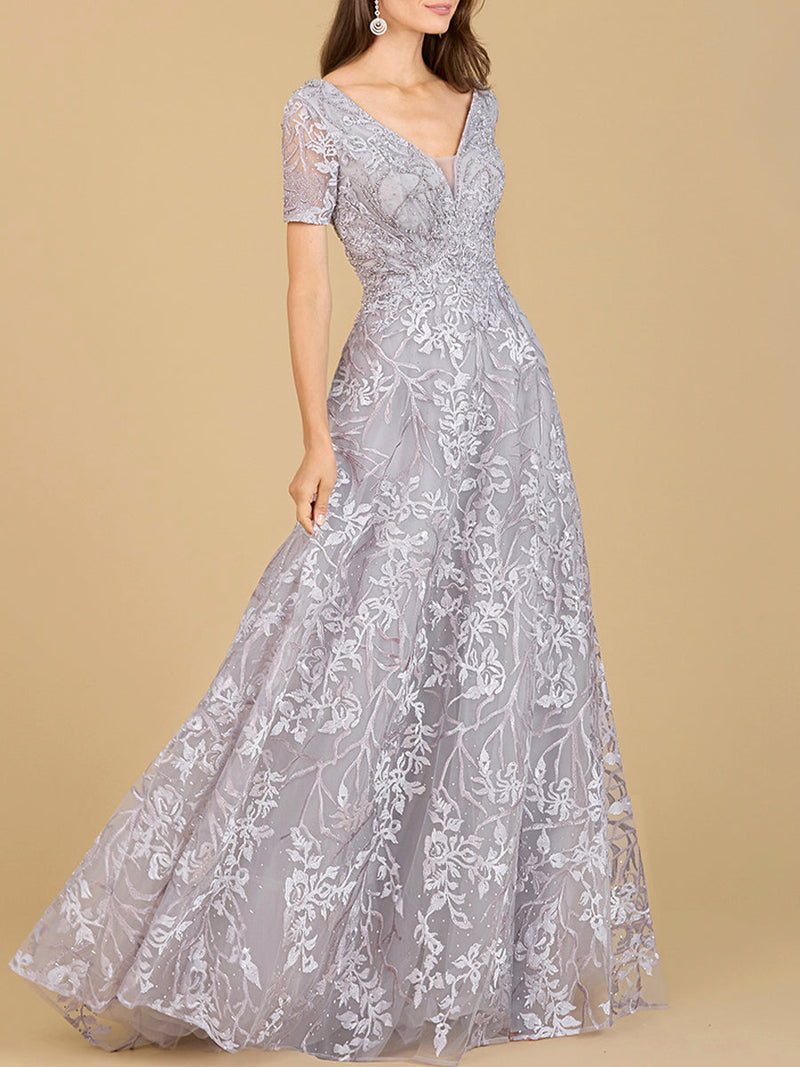 Short Sleeve Lace A-Line Dress with V-Neckline - Glamourous Grace