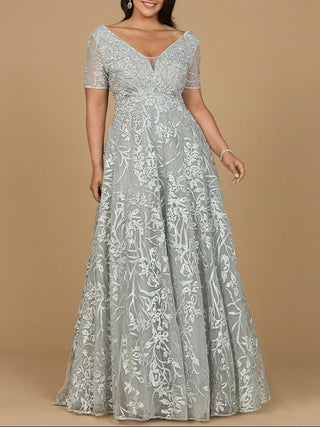 Short Sleeve Lace A-Line Dress with V-Neckline - Glamourous Grace