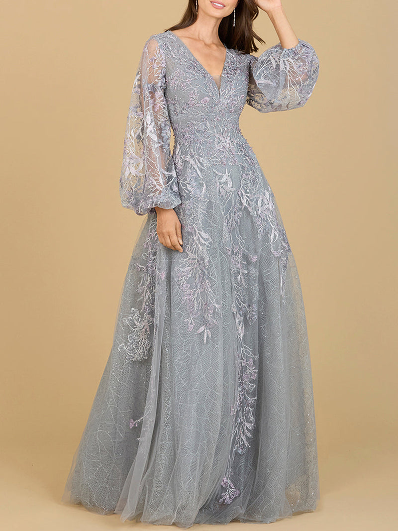V Neckline Balloon Sleeve Gown - Glamourous Grace