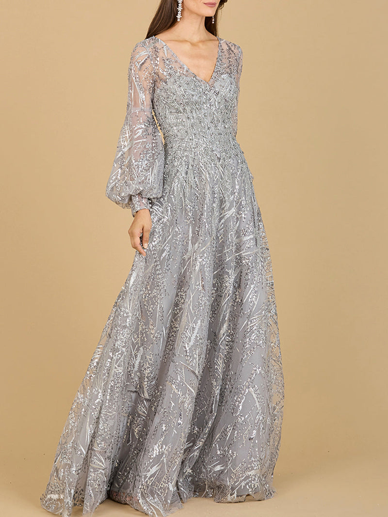 V Neckline Long Sleeve Gown - Glamourous Grace