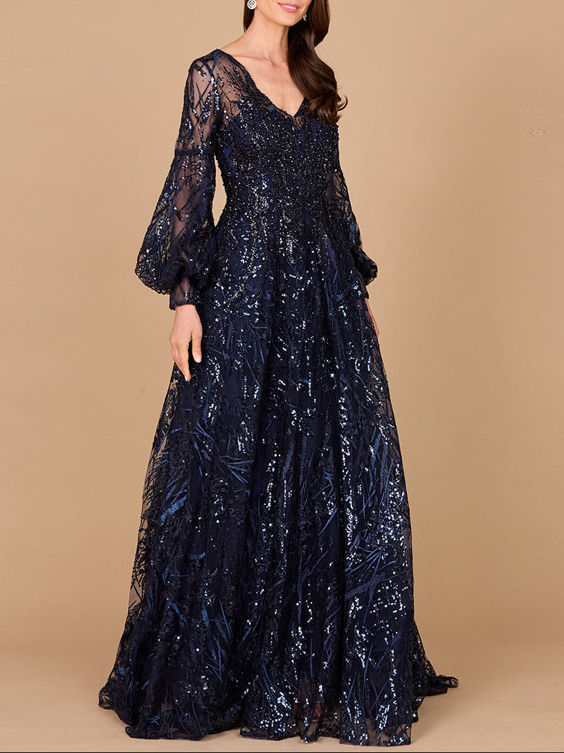 V Neckline Long Sleeve Gown - Glamourous Grace