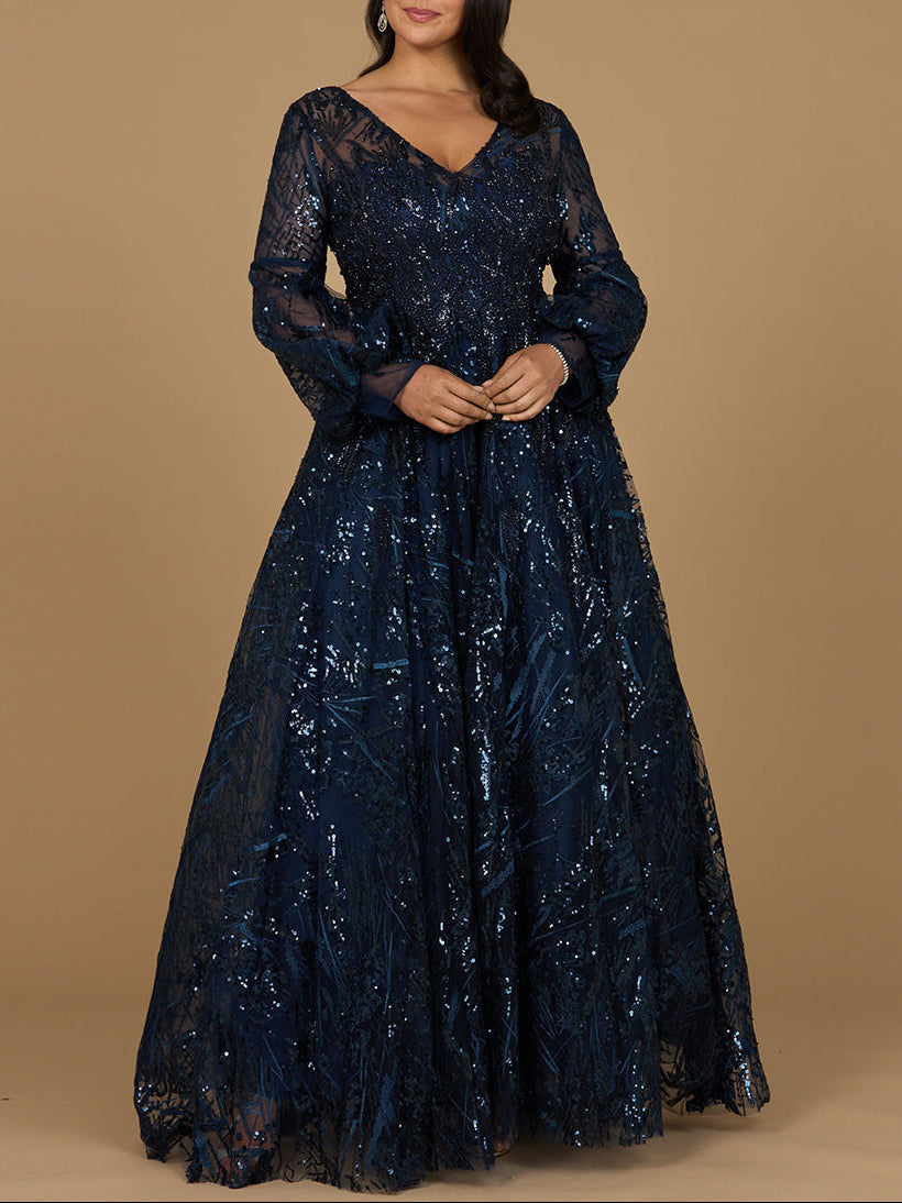 V Neckline Long Sleeve Gown - Glamourous Grace