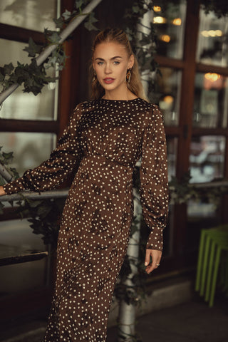 Marlo Dress Long Sleeves- Brown Polka Dot Flowers