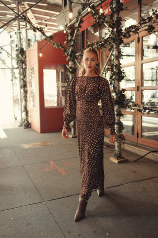 Marlo Dress Long Sleeves- Brown Polka Dot Flowers