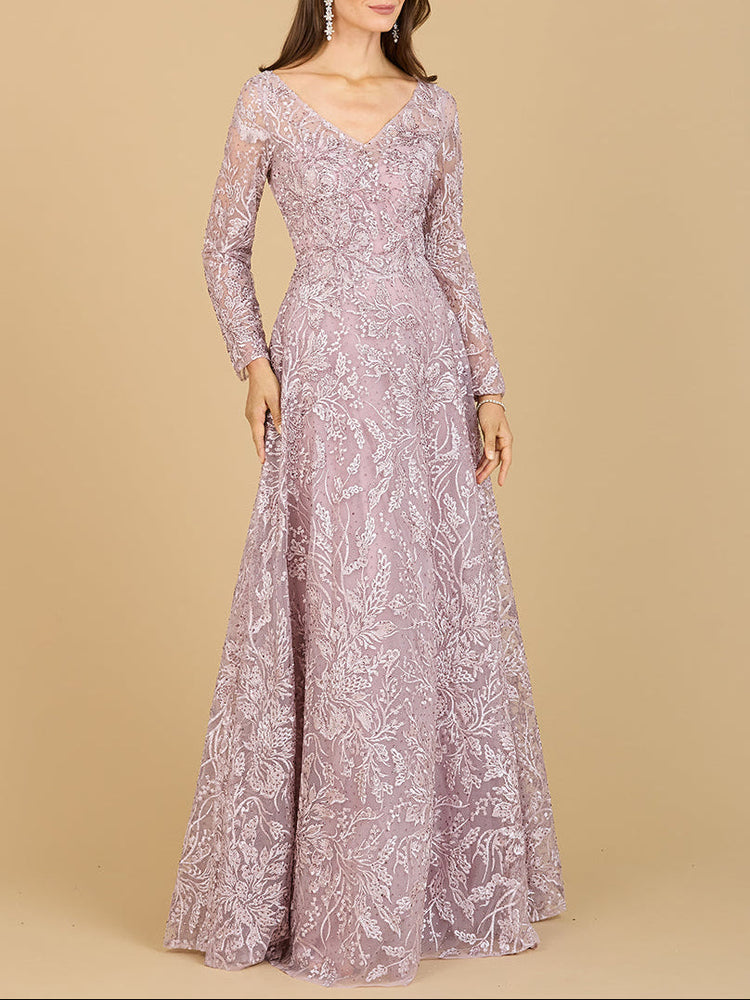 A-line Gown With Long Sleeves, V-Neckline - Glamourous Grace