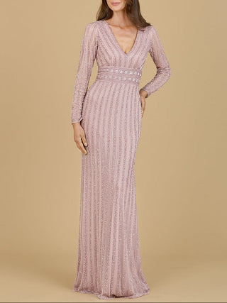 Long Sleeve V-Neck Beaded Gown - Glamourous Grace