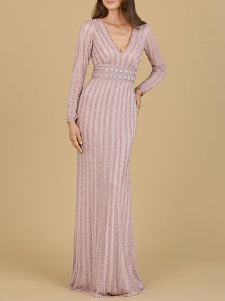 Long Sleeve V-Neck Beaded Gown - Glamourous Grace