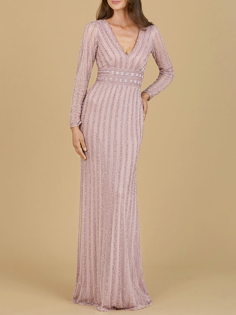 Long Sleeve V-Neck Beaded Gown | 29203  - OUTLET - Glamourous Grace