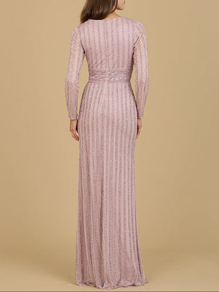 Long Sleeve V-Neck Beaded Gown - Glamourous Grace