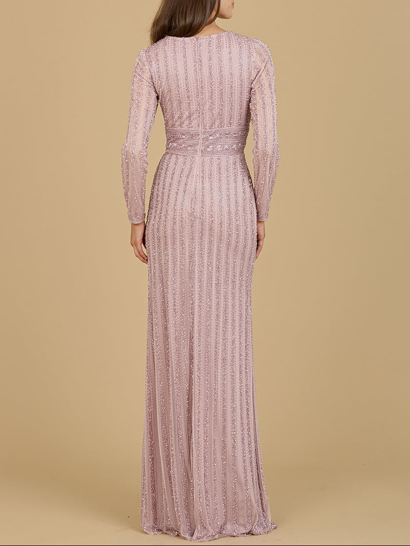 Long Sleeve V-Neck Beaded Gown - Glamourous Grace
