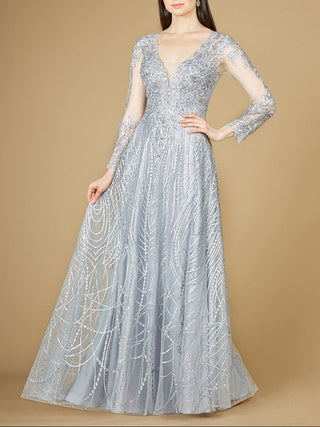 Long Sheer Sleeve V-Neckline Sheath Gown - Glamourous Grace