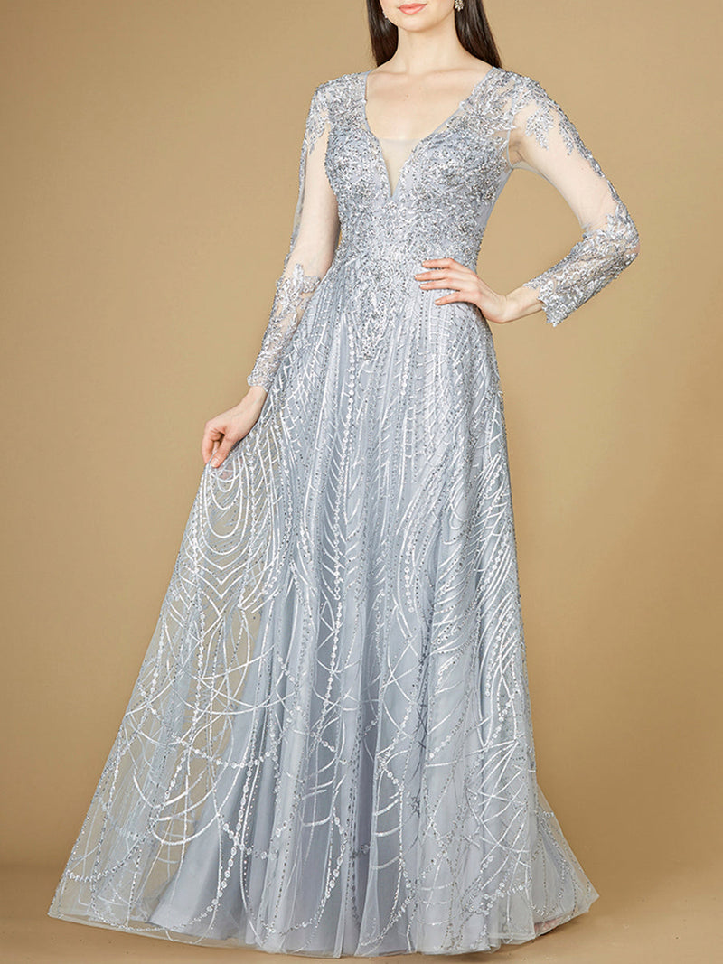 Long Sheer Sleeve V-Neckline Sheath Gown - Glamourous Grace