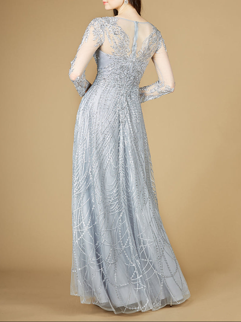 Long Sheer Sleeve V-Neckline Sheath Gown - Glamourous Grace