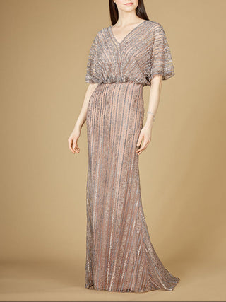 Cape Sleeve V-Neck Gown with Geometric Beading - Glamourous Grace